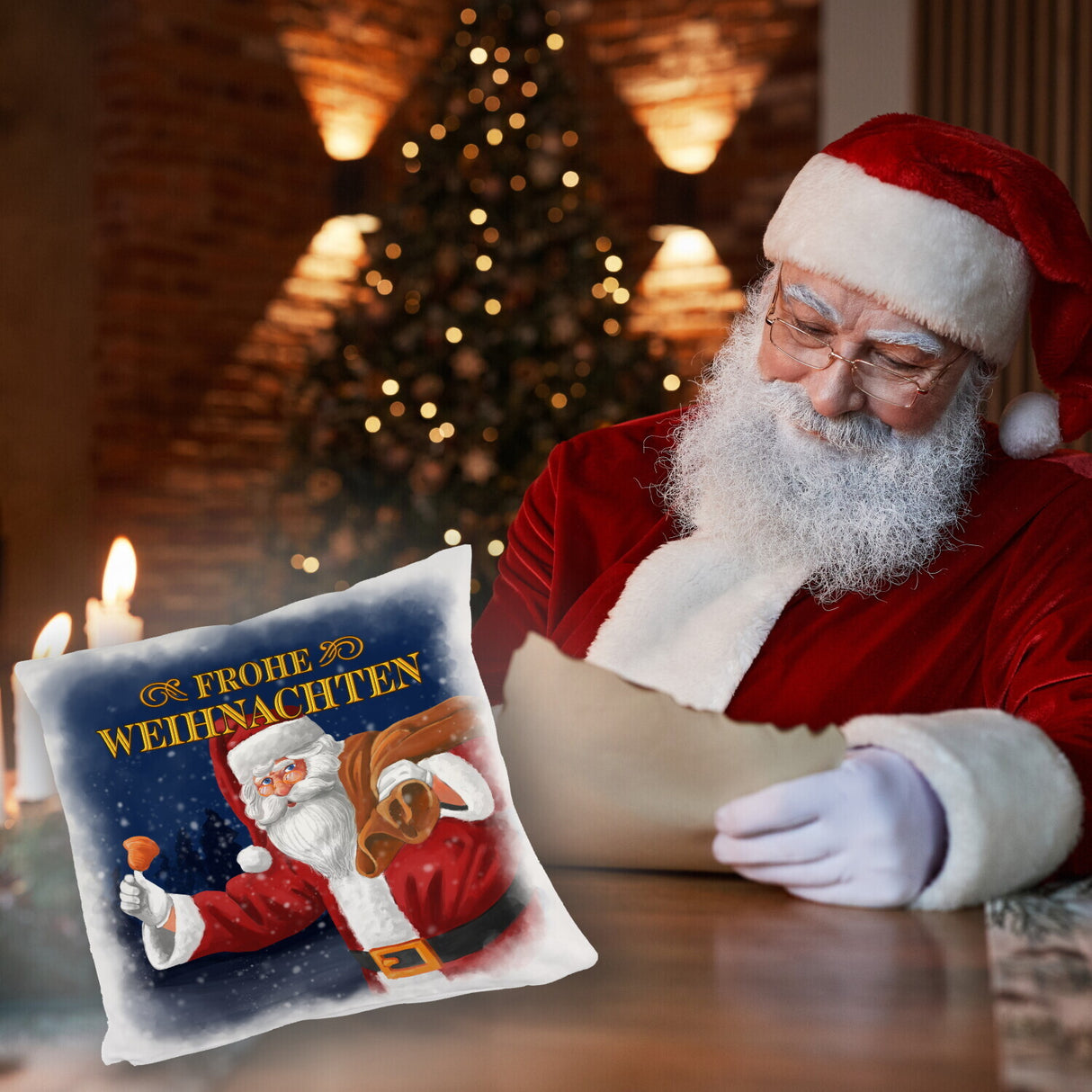 Traditioneller Weihnachtsmann Kissen mit Spruch Frohe Weihnachten