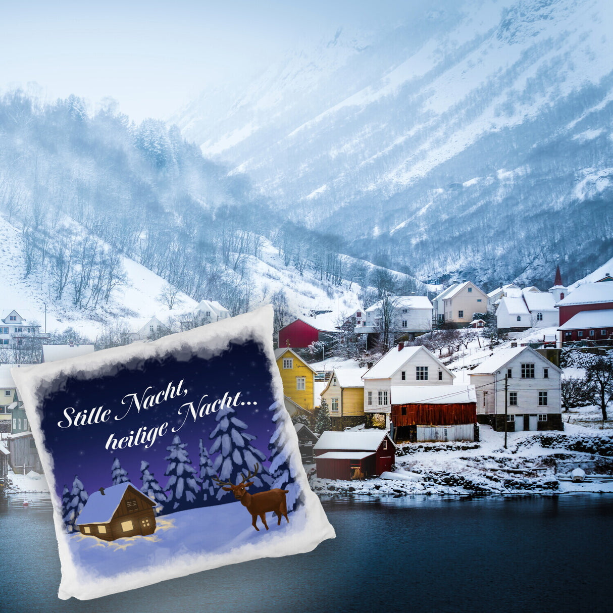 Winterlandschaft mit Hirsch Kissen mit Spruch Stille Nacht heilige Nacht
