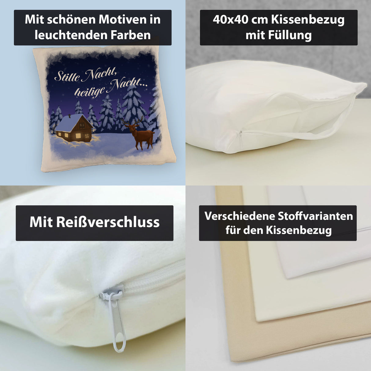Winterlandschaft mit Hirsch Kissen mit Spruch Stille Nacht heilige Nacht