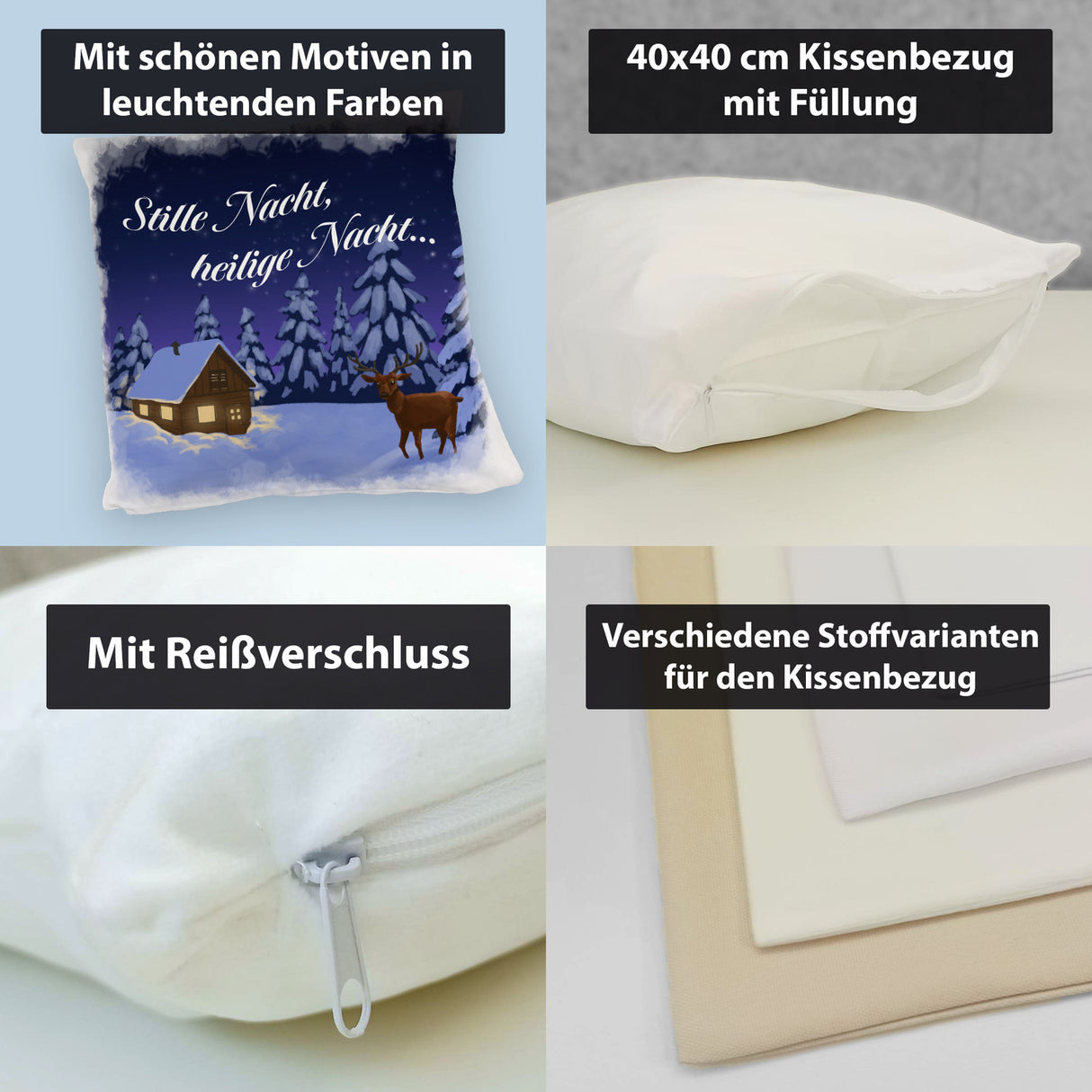 Winterlandschaft mit Hirsch Kissen mit Spruch Stille Nacht heilige Nacht
