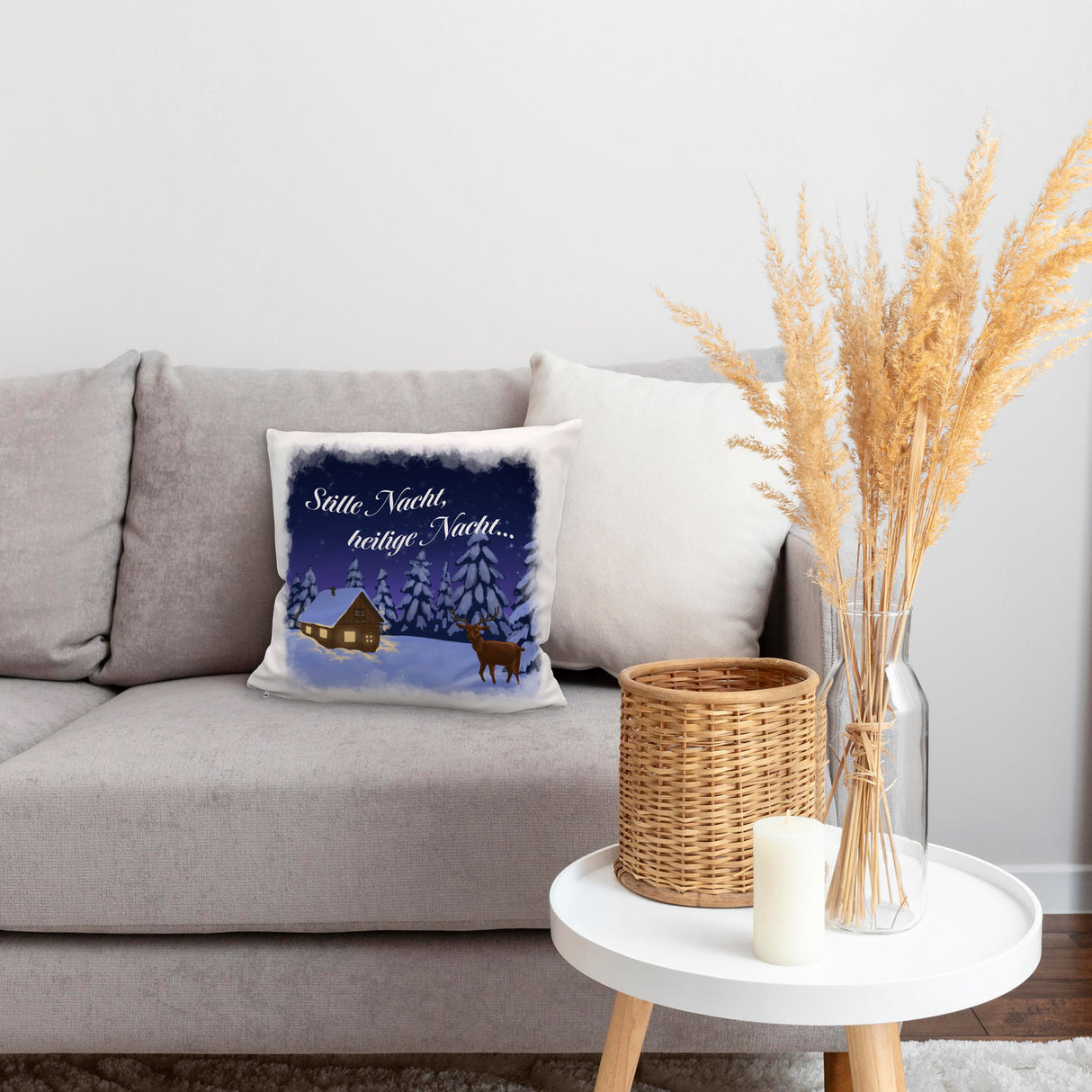 Winterlandschaft mit Hirsch Kissen mit Spruch Stille Nacht heilige Nacht
