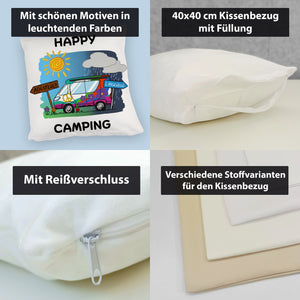 Hippie Wohnmobil Kissen mit Spruch Happy Camping