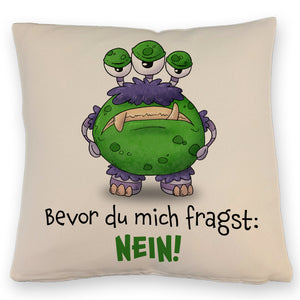Freches Monster in dunkelrot Kissen mit lustigem Spruch