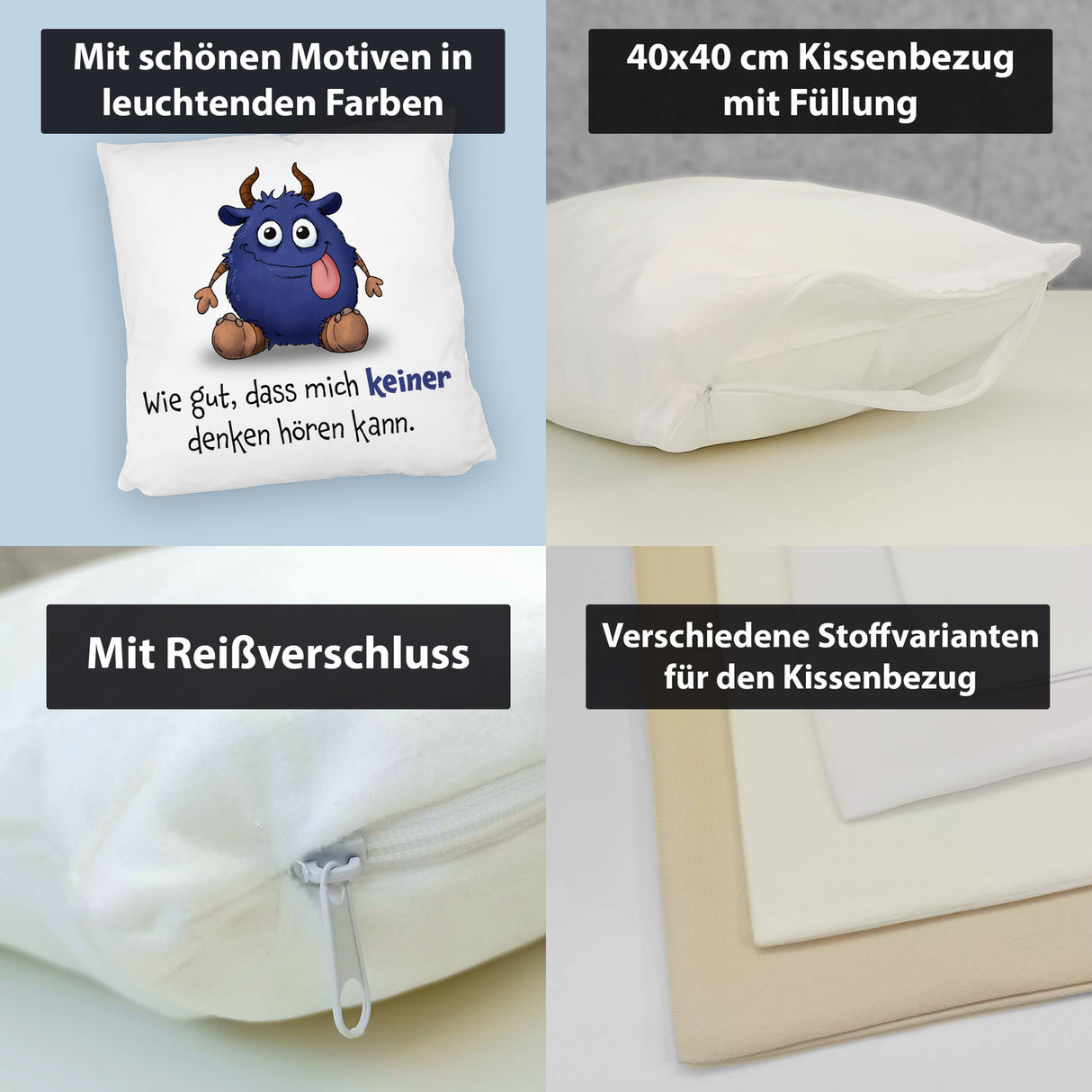 Freches Monster in dunkelblau Kissen mit lustigem Spruch