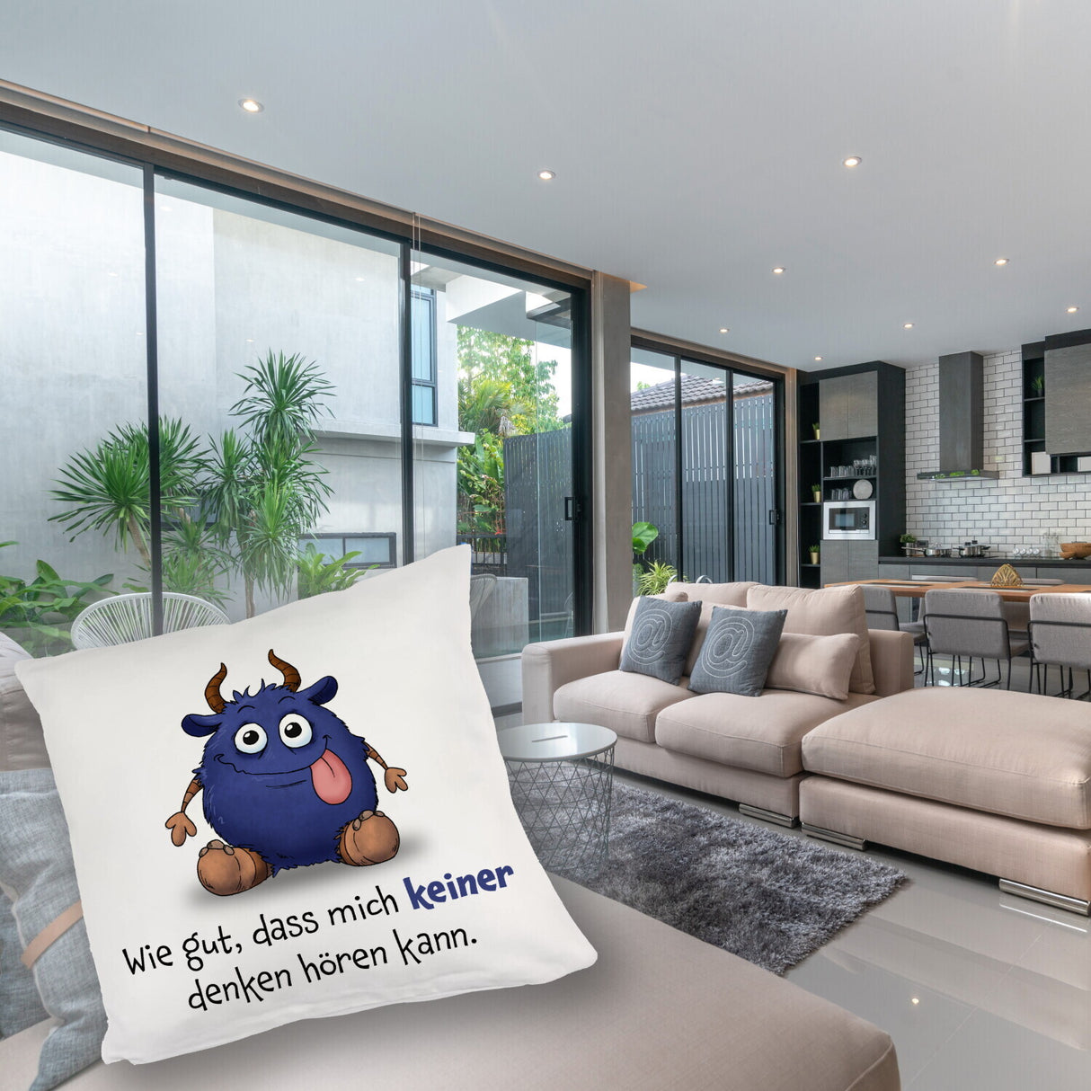 Freches Monster in dunkelblau Kissen mit lustigem Spruch