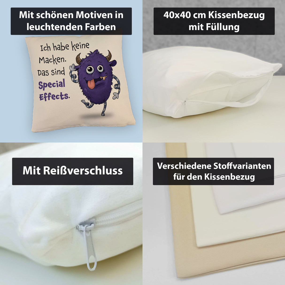 Freches Monster in dunkelblau Kissen mit lustigem Spruch