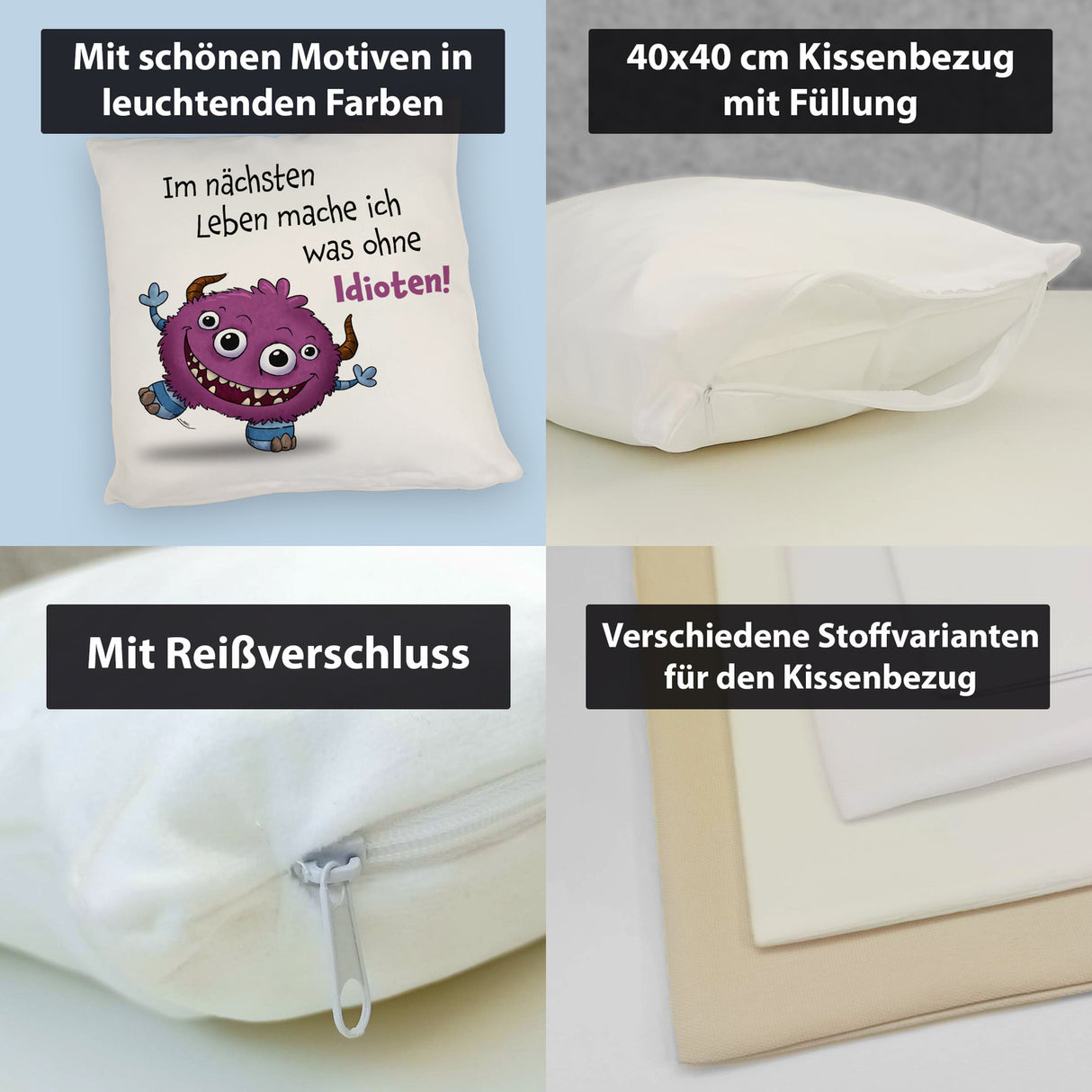 Freches Monster in dunkelblau Kissen mit lustigem Spruch