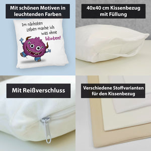 Freches Monster in dunkelblau Kissen mit lustigem Spruch