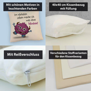 Freches Monster in dunkelblau Kissen mit lustigem Spruch