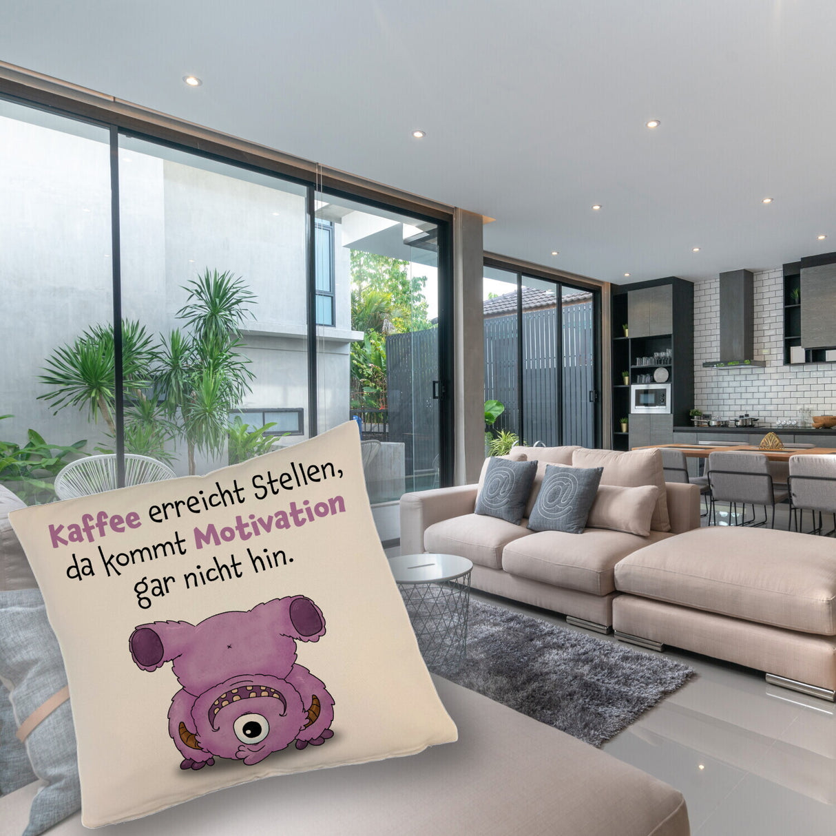 Freches Monster in dunkelblau Kissen mit lustigem Spruch