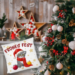 Katze mit Mütze Kissen mit Spruch Frohes Fest