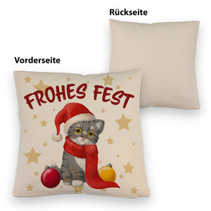 Katze mit Mütze Kissen mit Spruch Frohes Fest