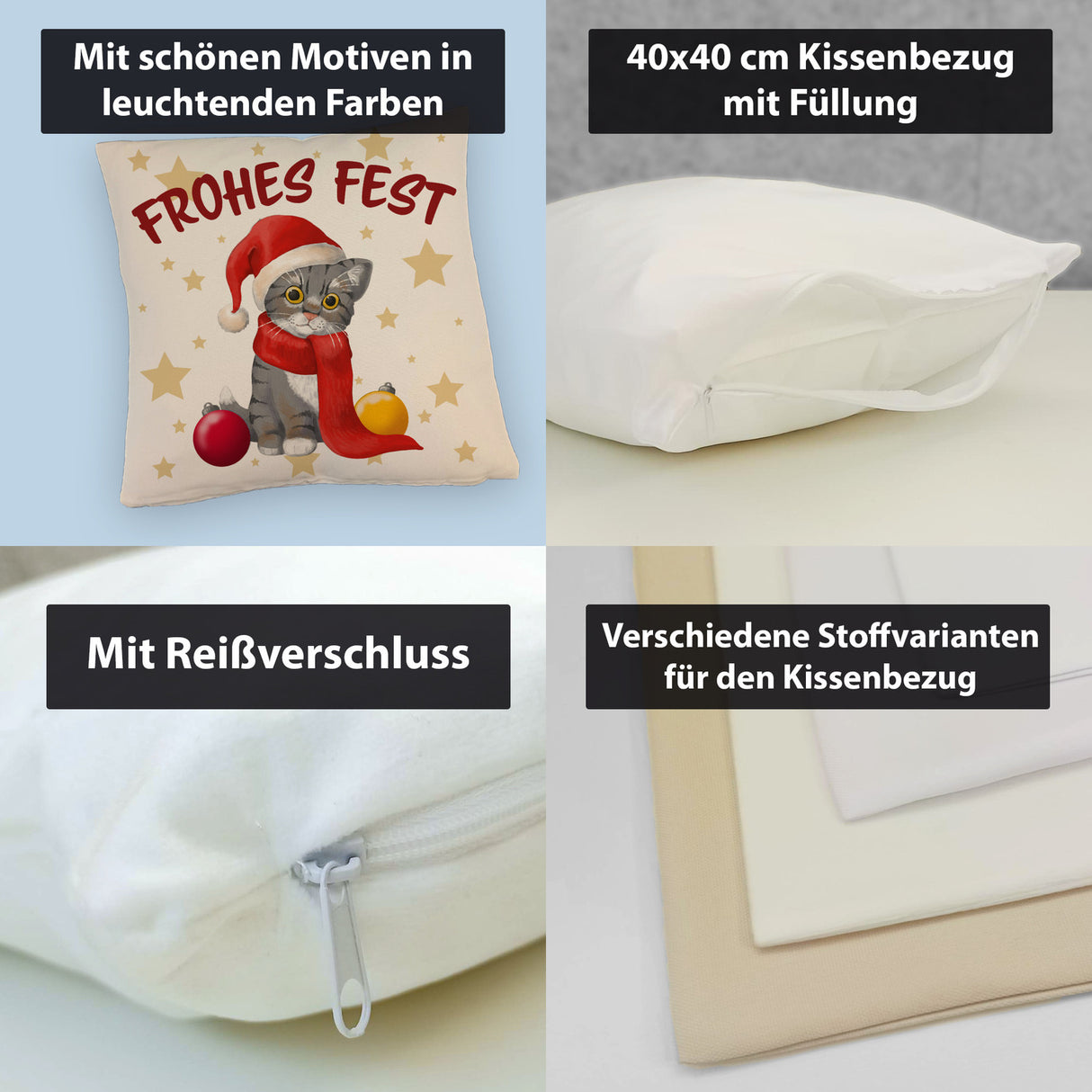Katze mit Mütze Kissen mit Spruch Frohes Fest