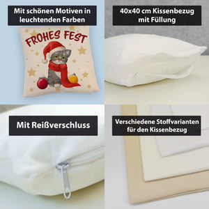 Katze mit Mütze Kissen mit Spruch Frohes Fest