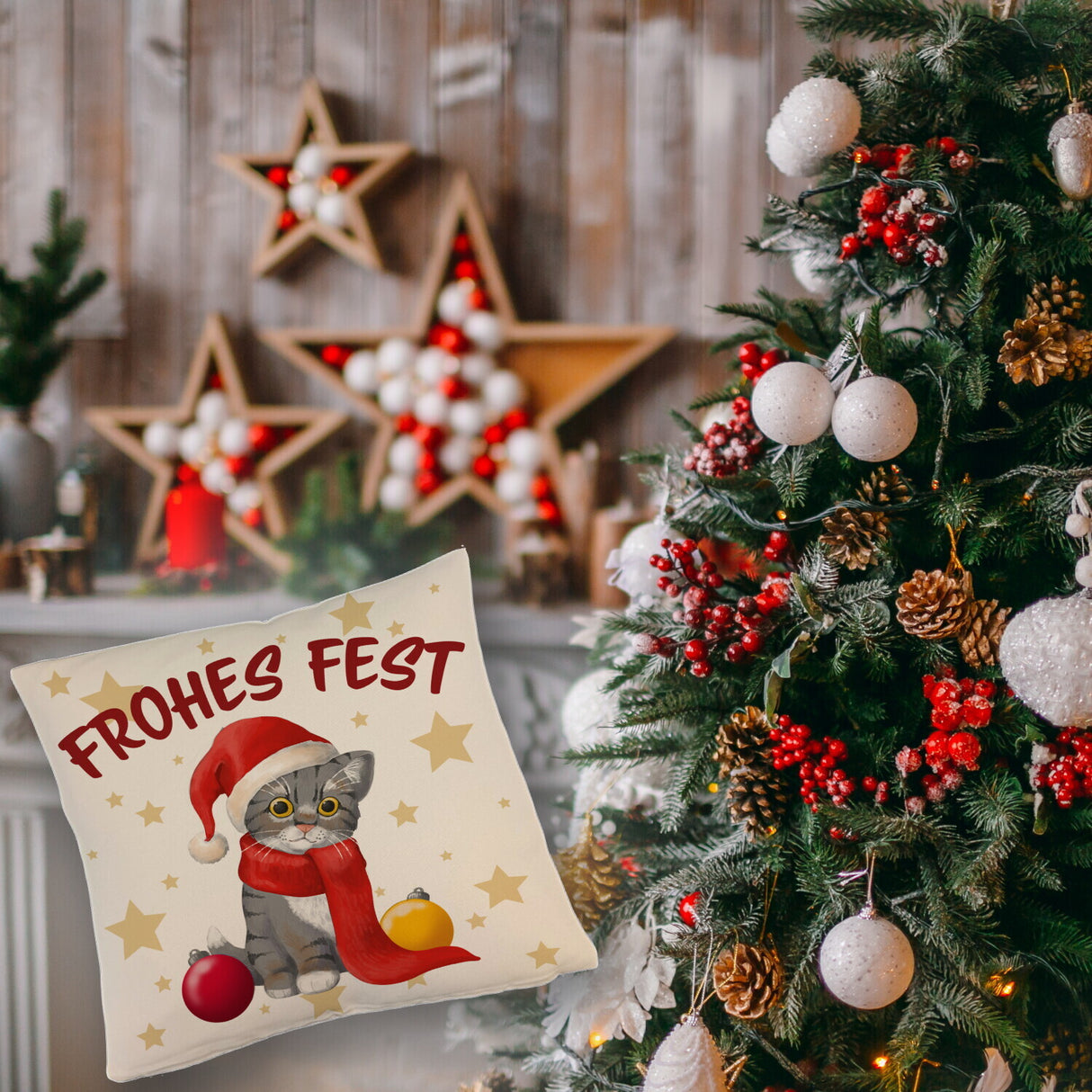 Katze mit Mütze Kissen mit Spruch Frohes Fest