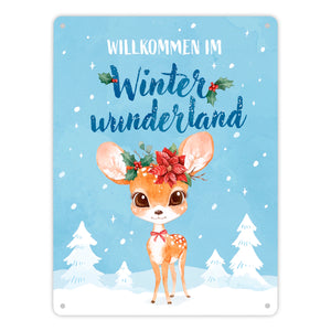 Rehkitz Metallschild in 15x20 cm mit Spruch Willkommen im Winterwunderland