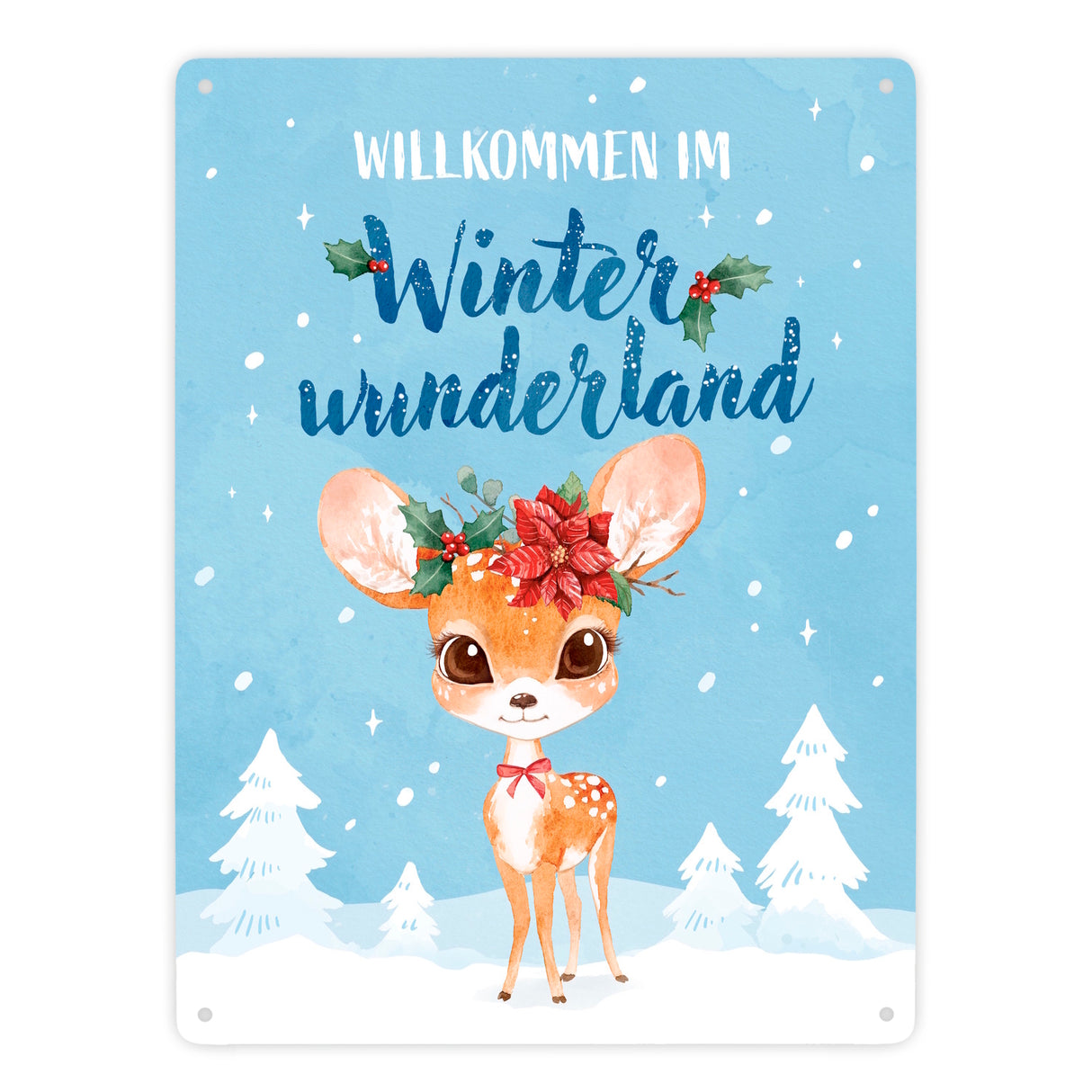 Rehkitz Metallschild in 15x20 cm mit Spruch Willkommen im Winterwunderland