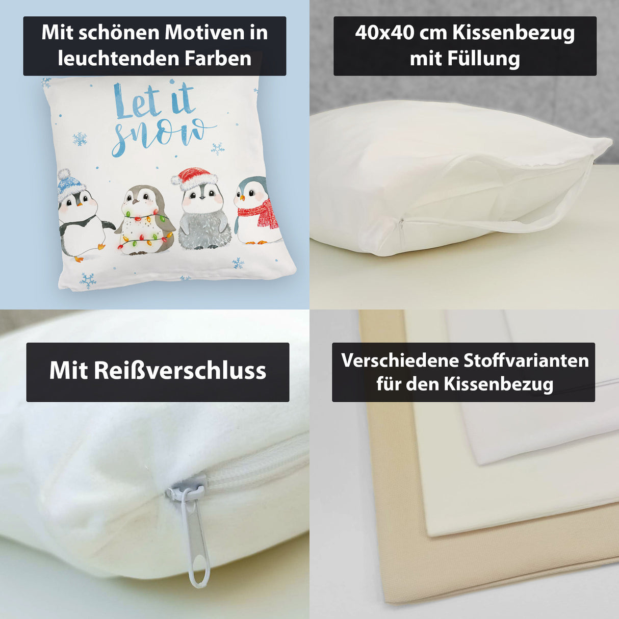 Pinguin Kissen mit Spruch Let it snow
