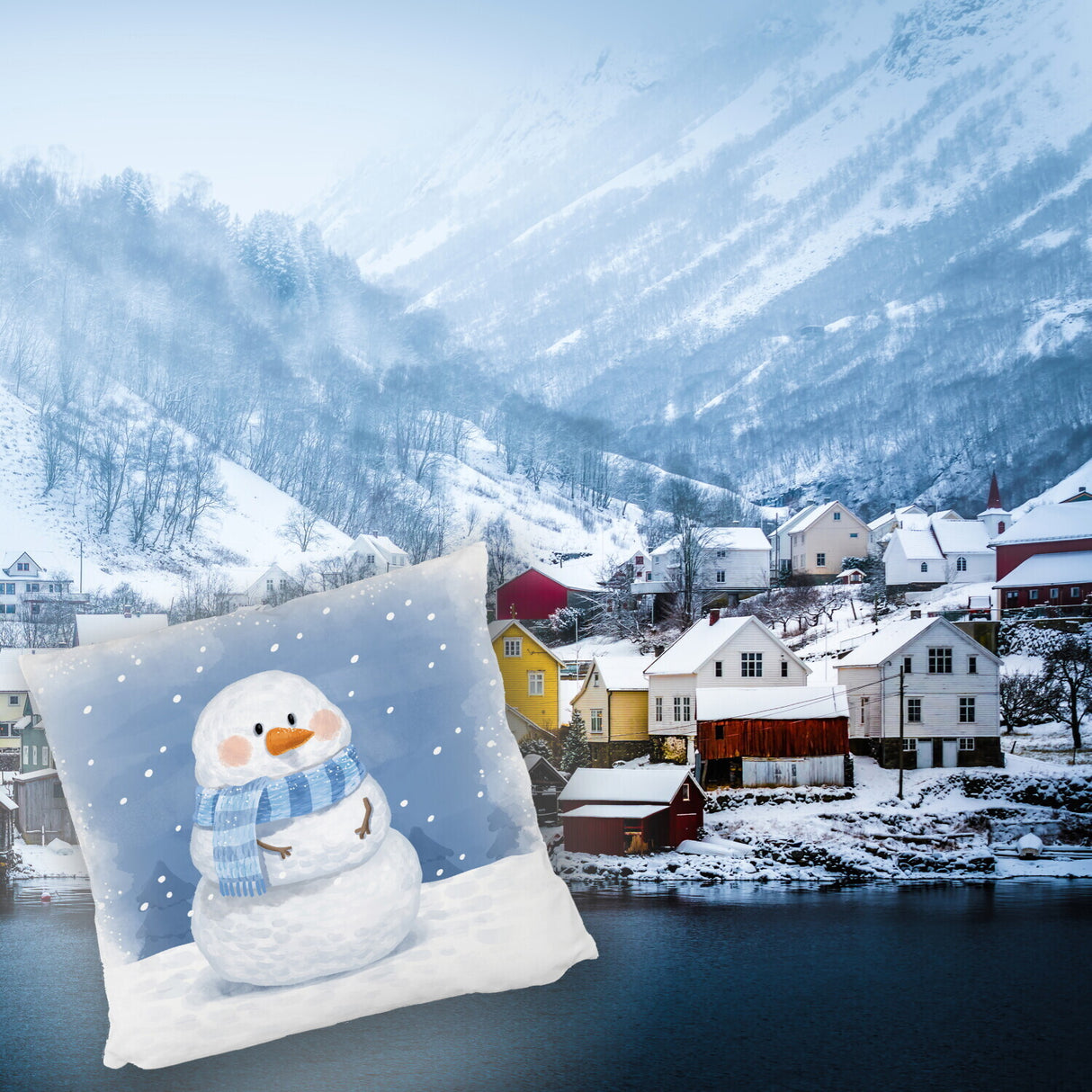 Schneemann im Wintersturm Kissen