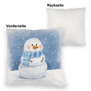 Schneemann im Wintersturm Kissen