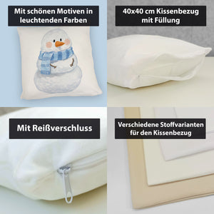 Schneemann im Wintersturm Kissen