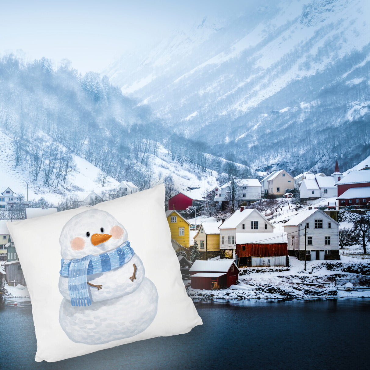 Schneemann im Wintersturm Kissen