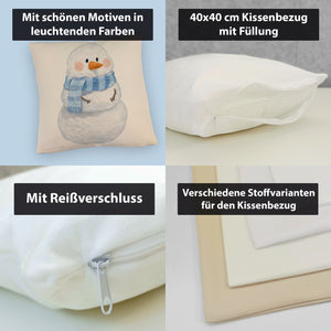 Schneemann im Wintersturm Kissen