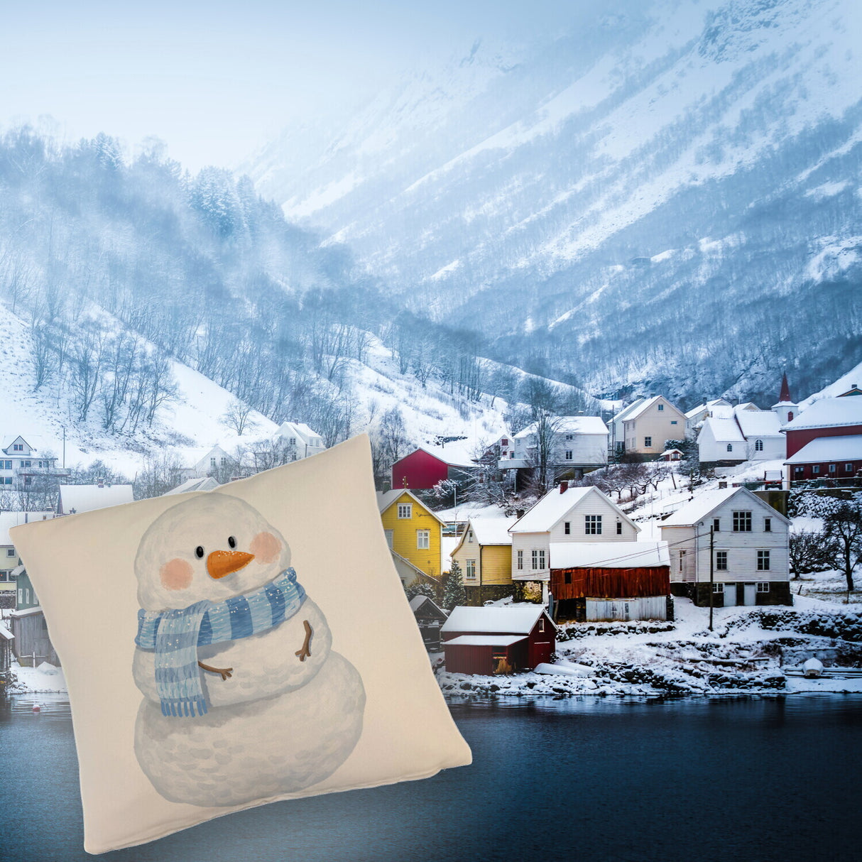 Schneemann im Wintersturm Kissen