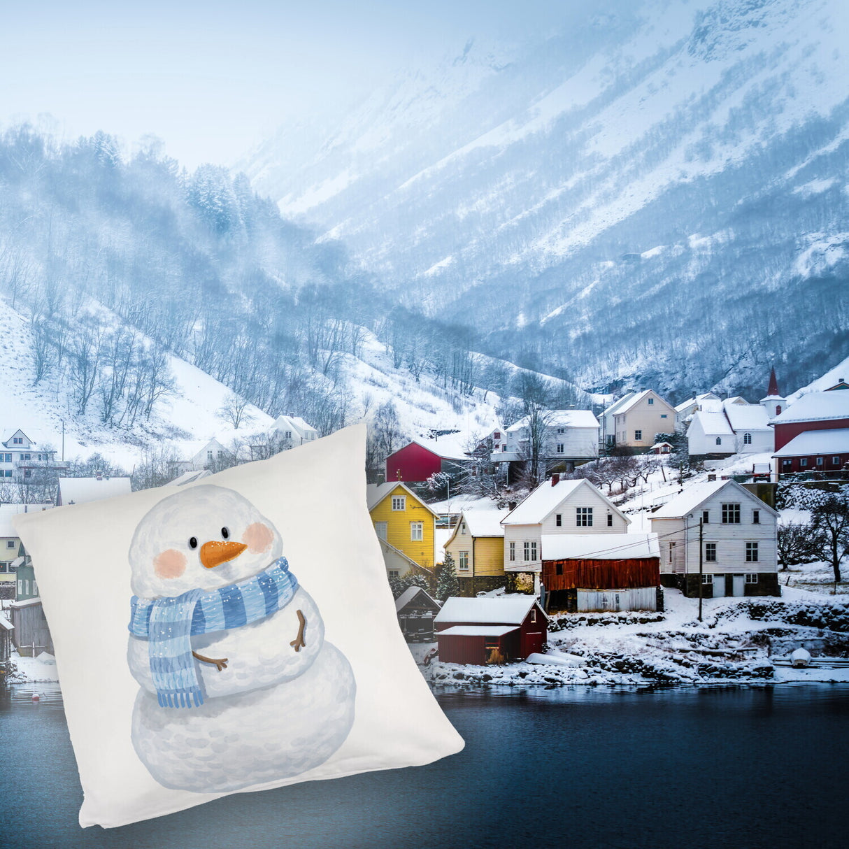 Schneemann im Wintersturm Kissen