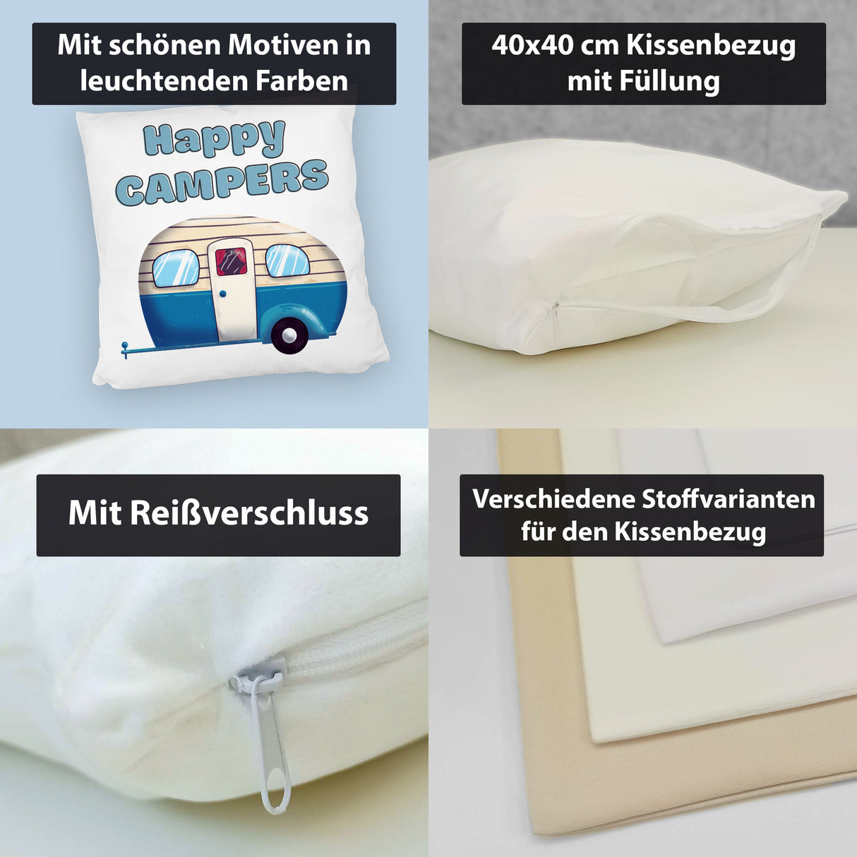 Wohnwagen Kissen mit Spruch Happy Campers