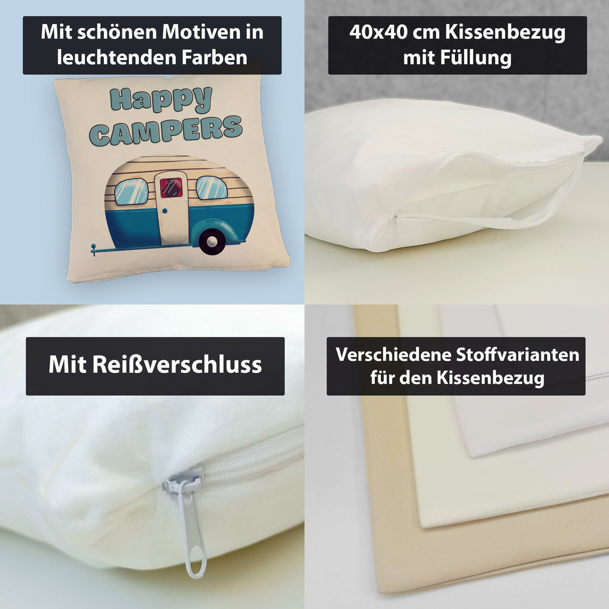 Wohnwagen Kissen mit Spruch Happy Campers