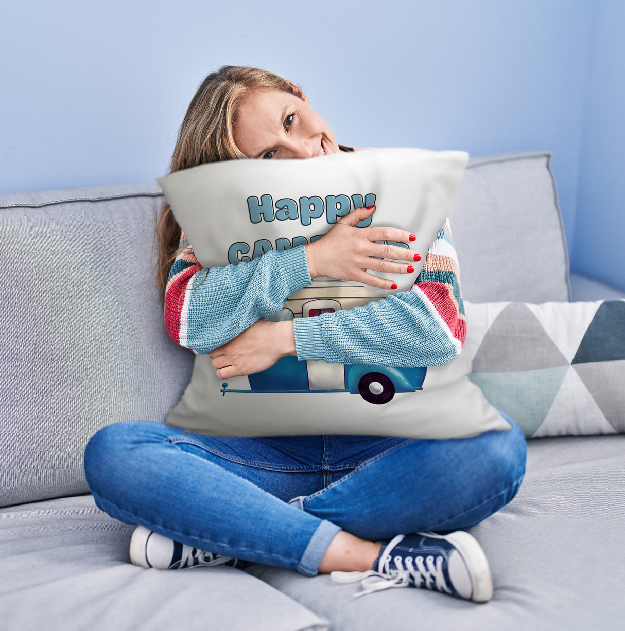 Wohnwagen Kissen mit Spruch Happy Campers