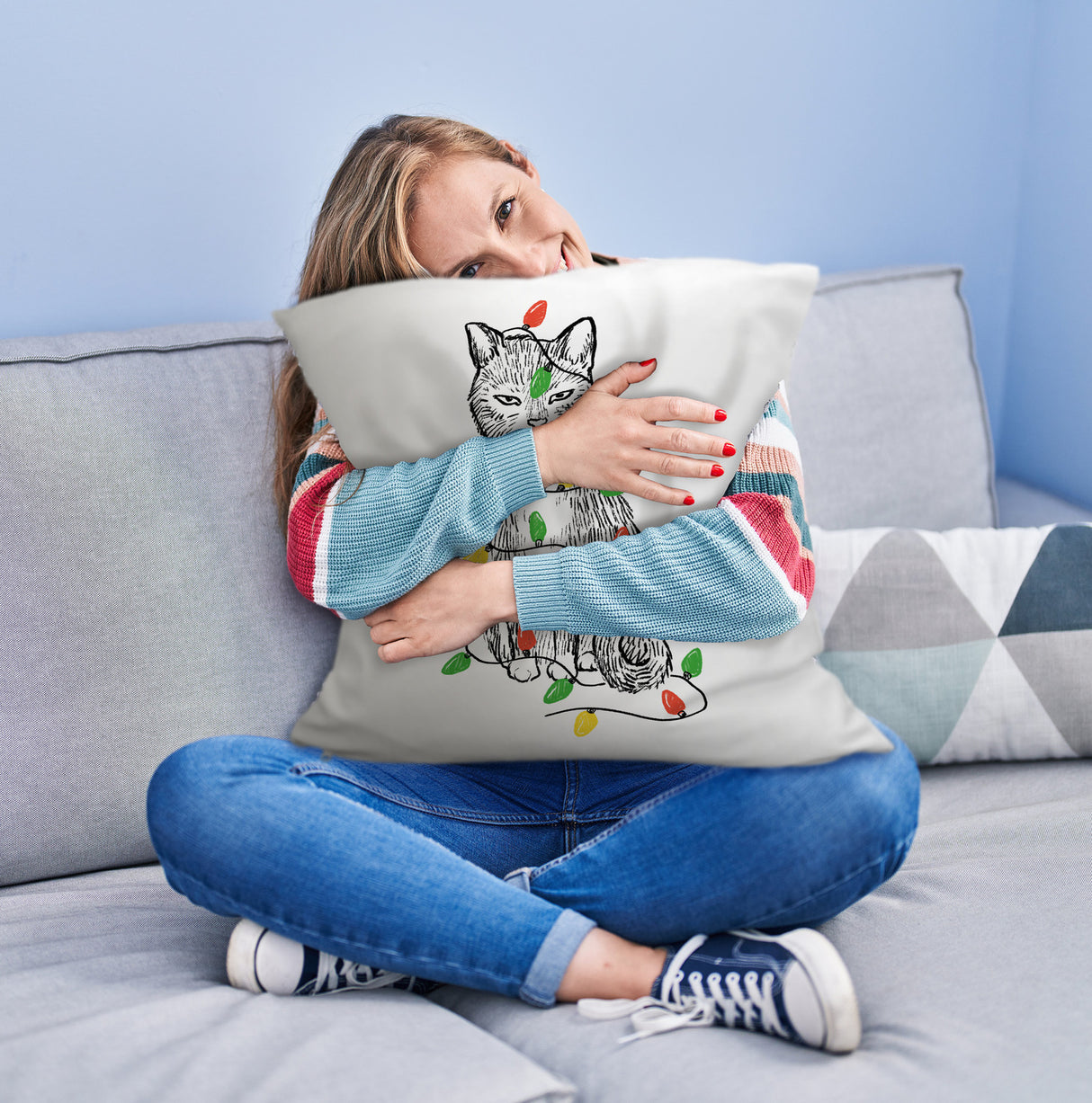 Katze mit Lichterkette Kissen