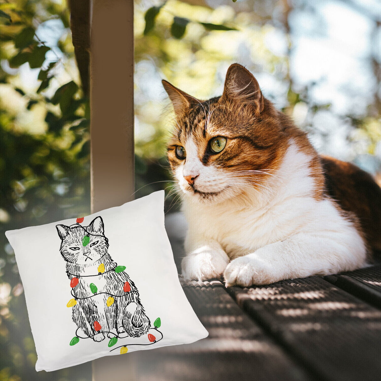 Katze mit Lichterkette Kissen