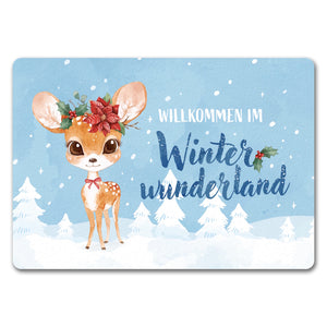 Rehkitz Fußmatte in 35x50 cm mit Spruch Willkommen im Winterwunderland