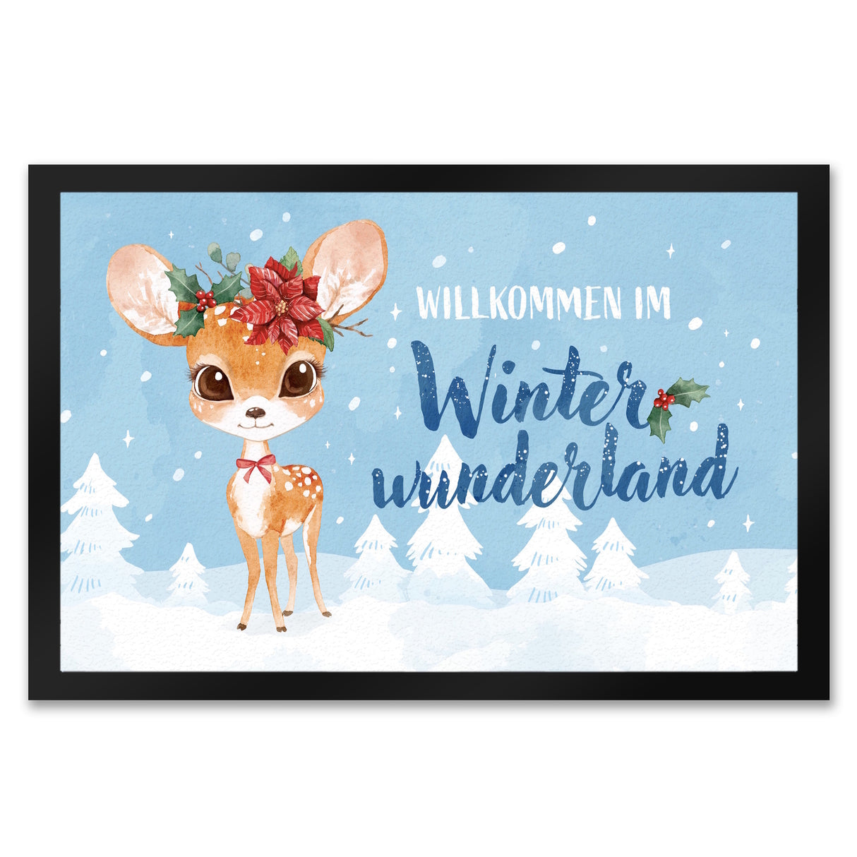Rehkitz Fußmatte in 35x50 cm mit Spruch Willkommen im Winterwunderland