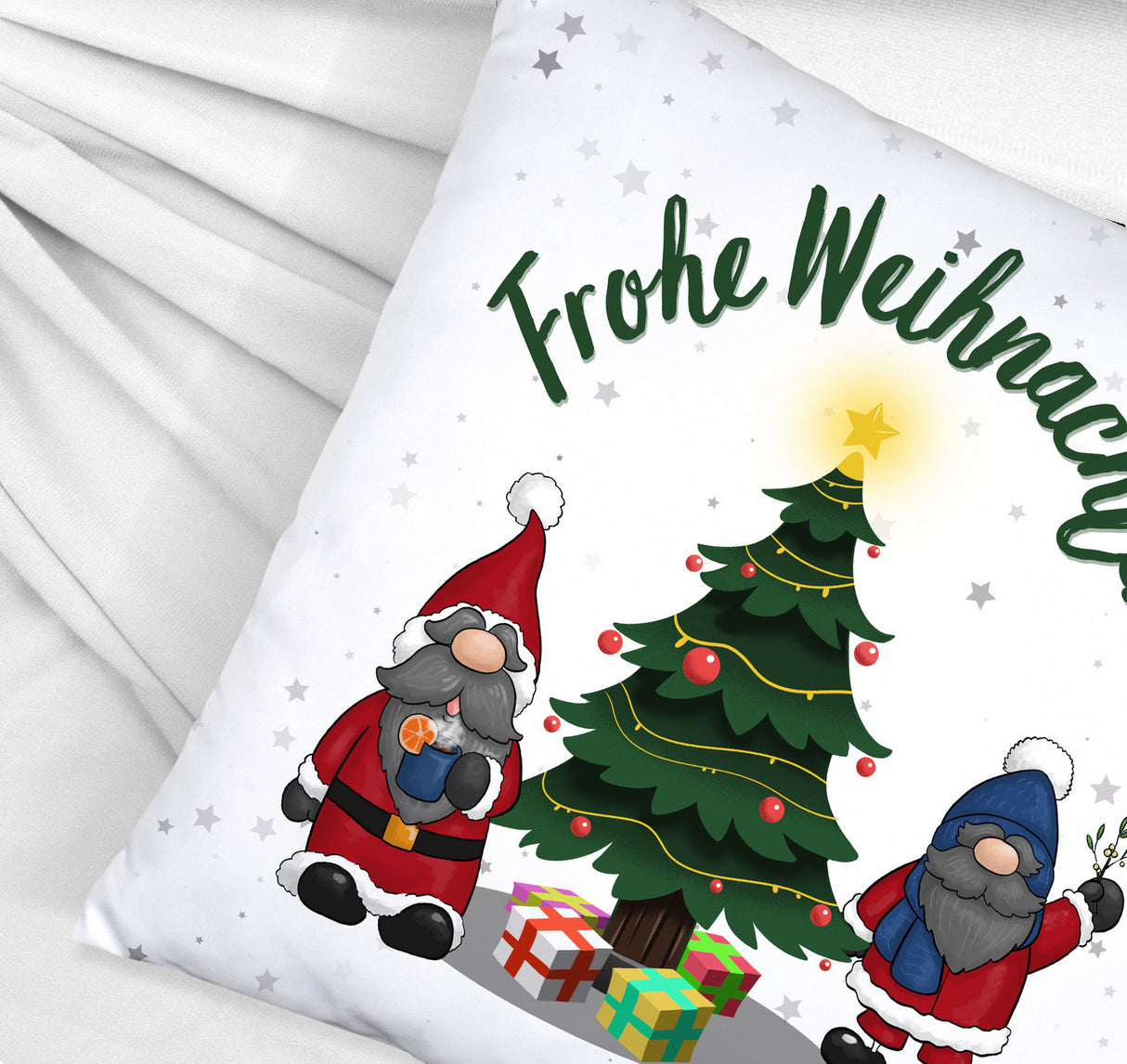 Weihnachtswichtel Kissen mit Spruch Frohe Weihnachten