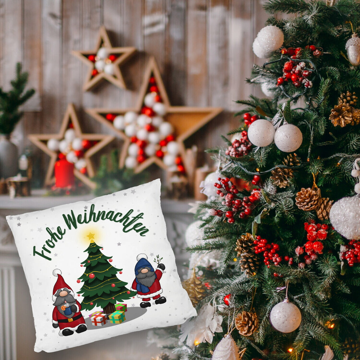 Weihnachtswichtel Kissen mit Spruch Frohe Weihnachten