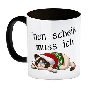 Genervter Kater Kaffeebecher mit Spruch nen scheiß muss ich