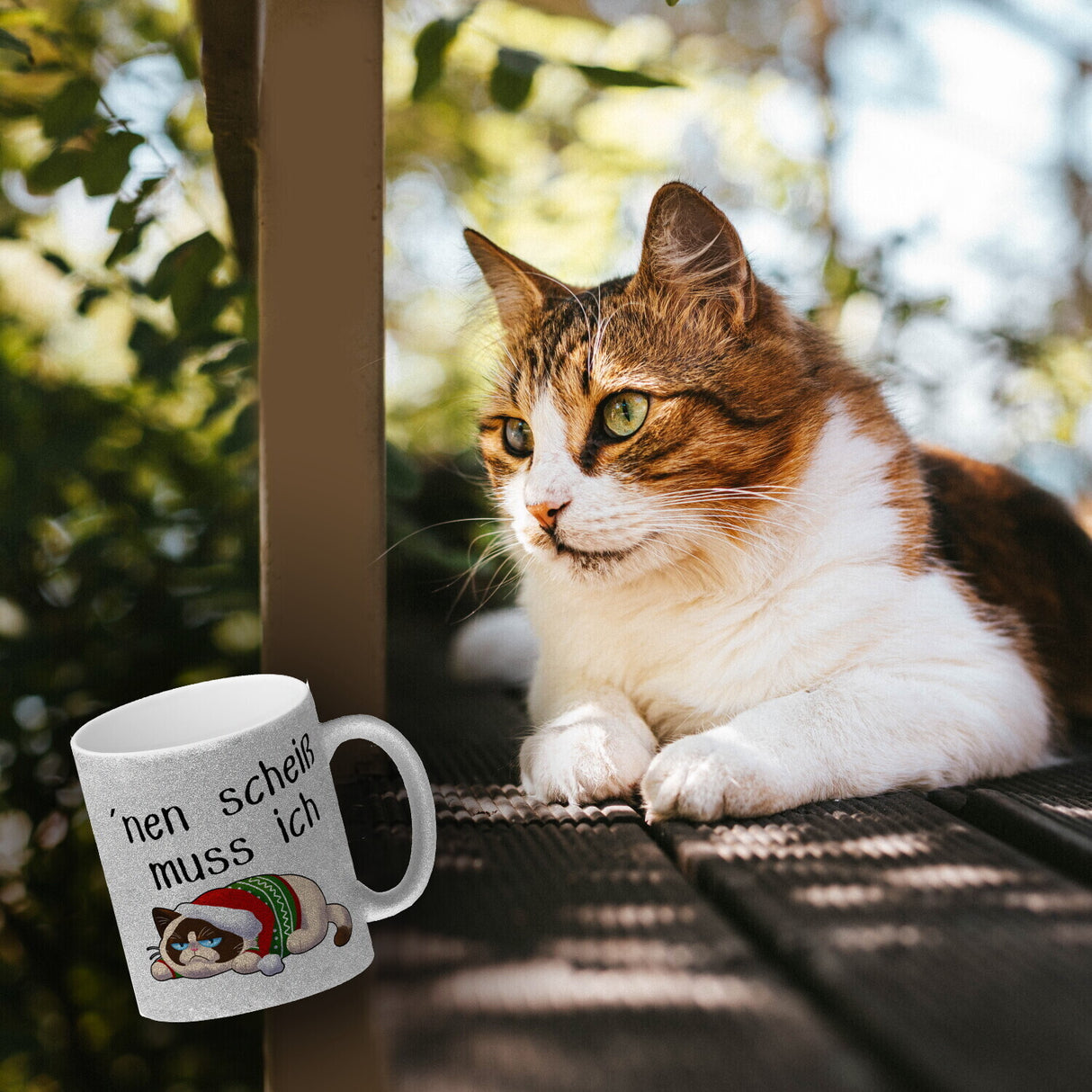 Genervter Kater Kaffeebecher mit Spruch nen scheiß muss ich