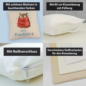 Kleine Frostbeule Kissen mit Spruch niedlicher Eule