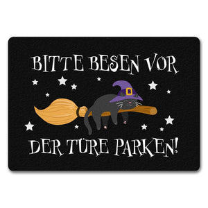 Hexen-Katze auf Besen Fußmatte Bitte Besen vor der Türe parken