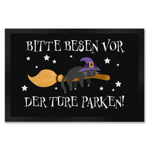 Hexen-Katze auf Besen Fußmatte Bitte Besen vor der Türe parken