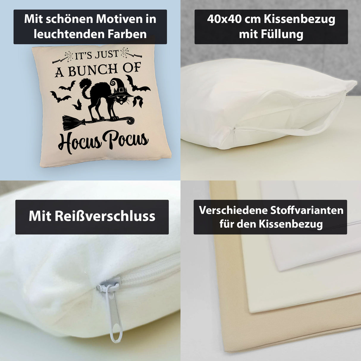 Schwarze Katze Halloween Kissen mit Spruch A Bunch of Hocus Pocus