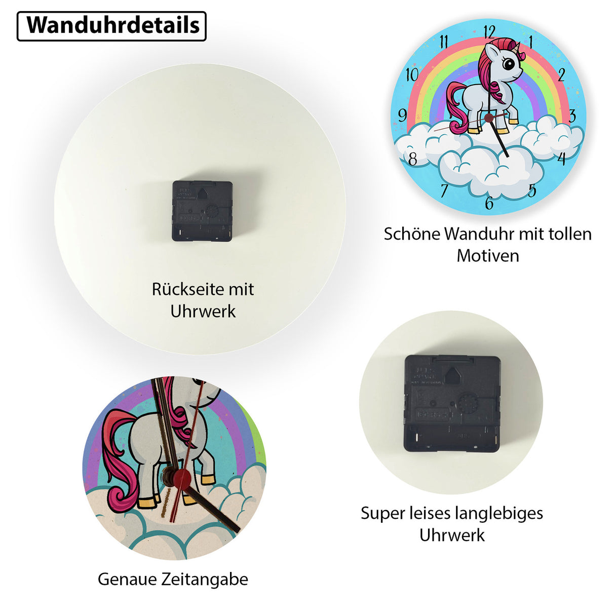 Einhorn mit Regenbogen Mädchen Wanduhr