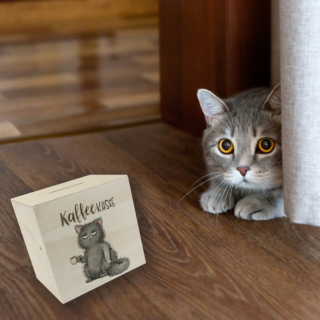 Katze mit Tasse Spardose mit Spruch Kaffeekasse