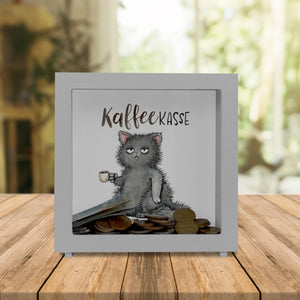 Katze mit Tasse Spardose mit Spruch Kaffeekasse