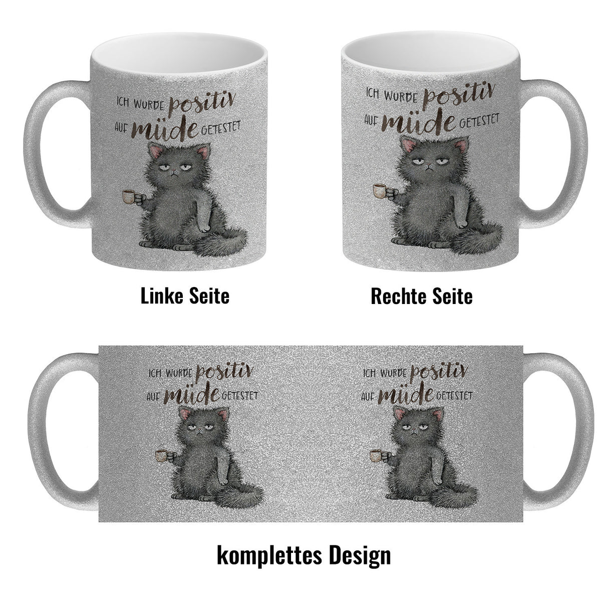 Katze mit Tasse Kaffeebecher mit Spruch positiv auf müde getestet