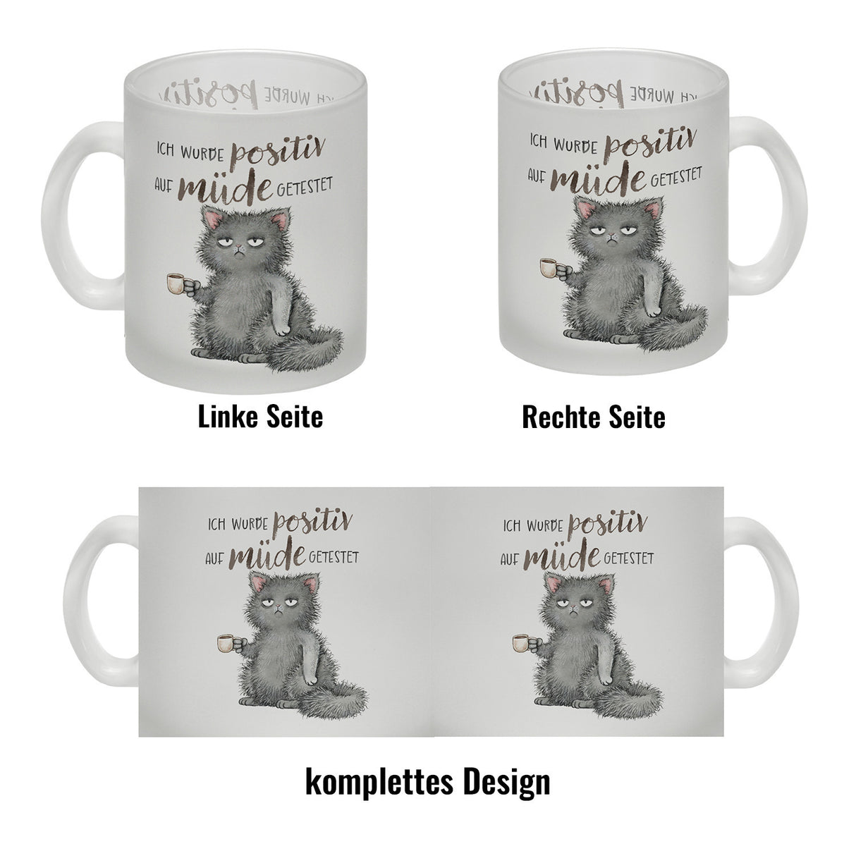 Katze mit Tasse Kaffeebecher mit Spruch positiv auf müde getestet