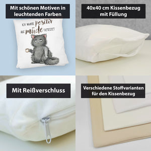 Genervte Katze Kissen mit Spruch positiv auf müde getestet